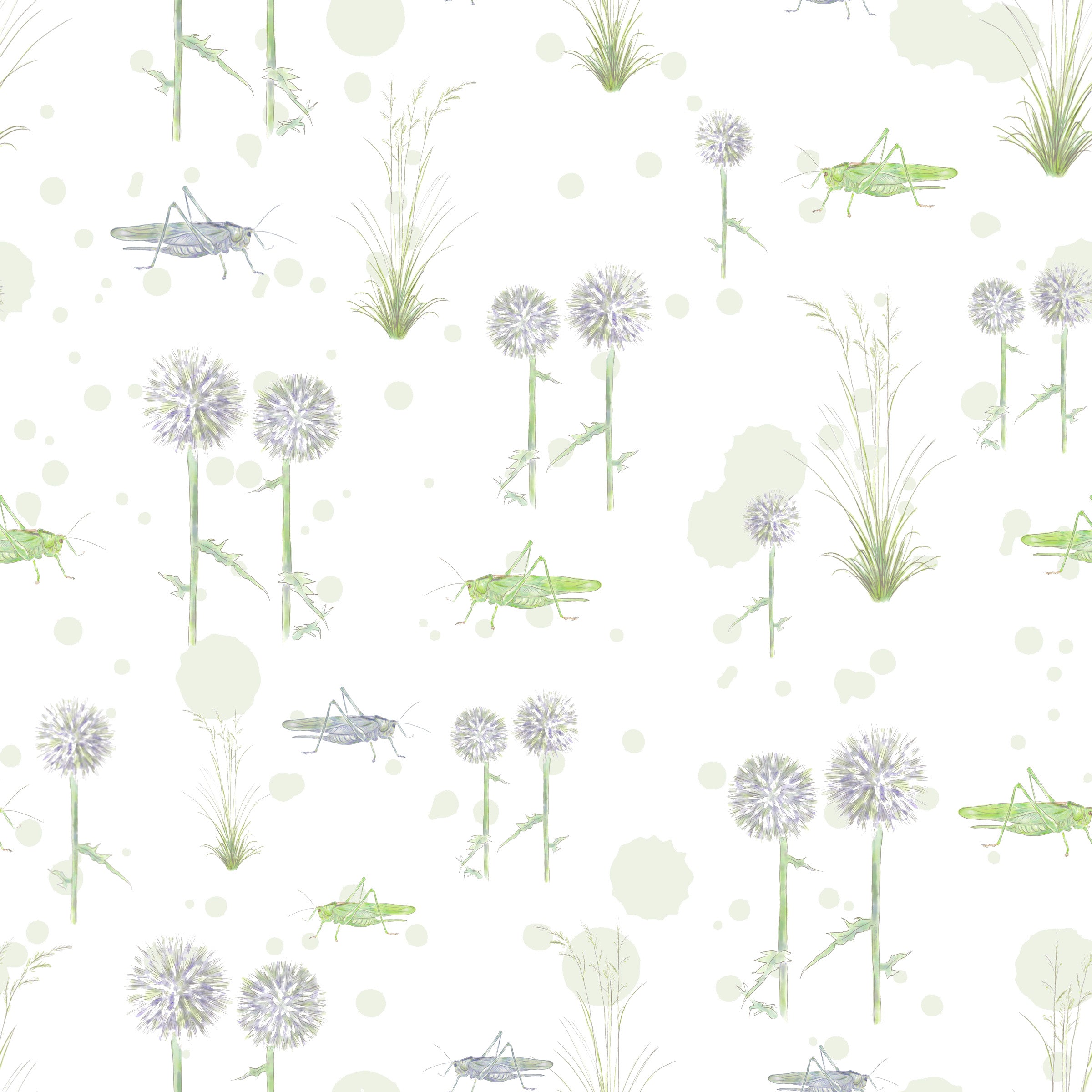 GRASSHOPPERS, GLOBE THISTLE AND GRASS PATTERN