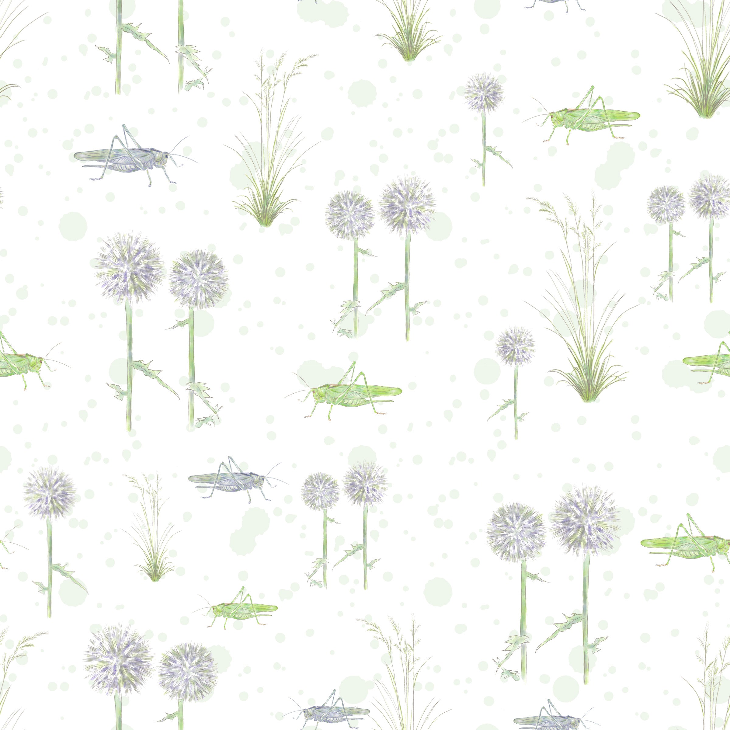 Grasshoppers, Globe Thistle and Grass Print