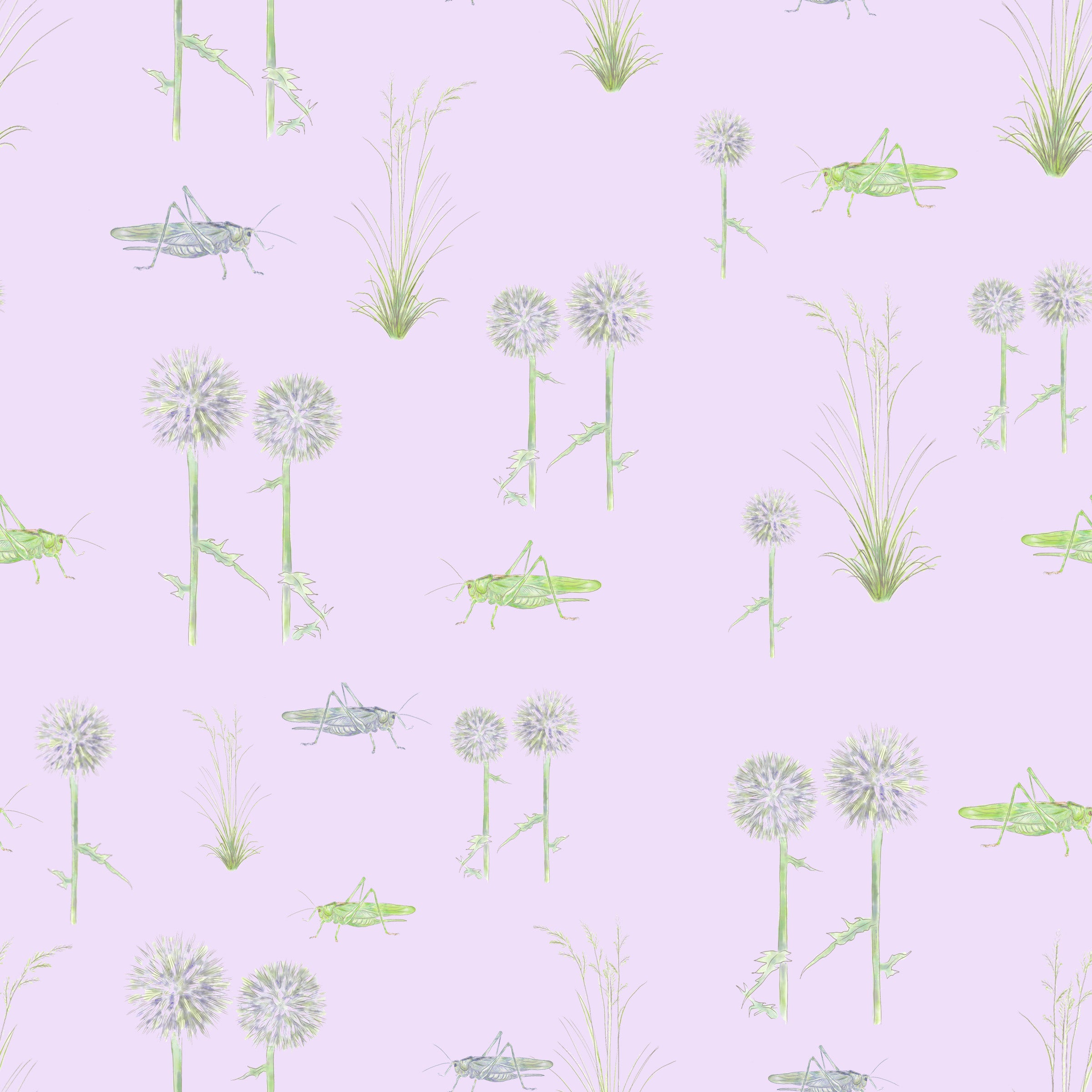 Grasshoppers, Globe Thistle and Grass Print